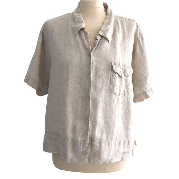Chico’s Linen Shirt Size 1 (M) Beige Short Sleeve Button Up Minimalist Coastal - Picture 2 of 9